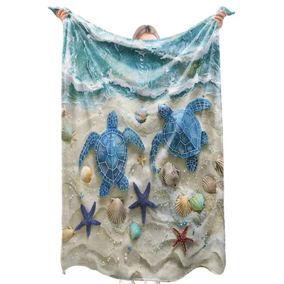 Sea Turtles on Beach Sand Blanket Coastal Art with Starfish and Shells