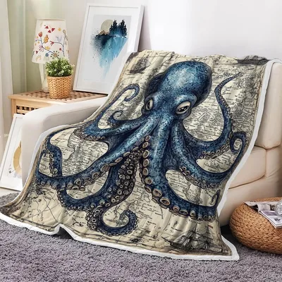 Nautical Octopus on Map Blanket: Vintage Sea Creature Design