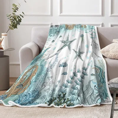 Starfish and Coral Beach Blanket: Underwater Illustration Throw