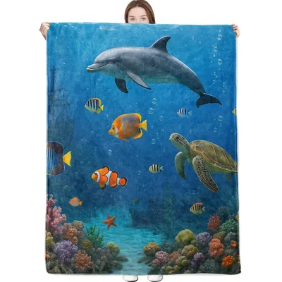 Underwater Dolphin Turtle Blanket featuring a realistic marine scene