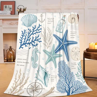 Coastal Seashell Starfish Nautical Pattern Blanket Ocean Life Design