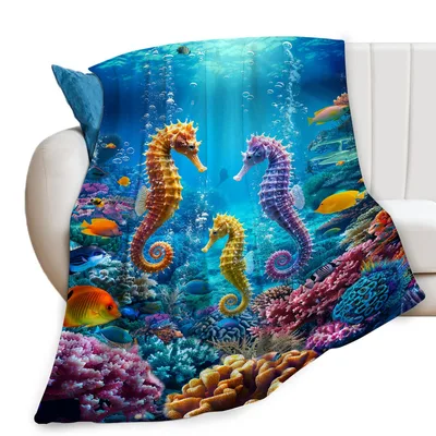 Seahorse Underwater Ocean Scene Blanket: Vibrant Coral Reef Design