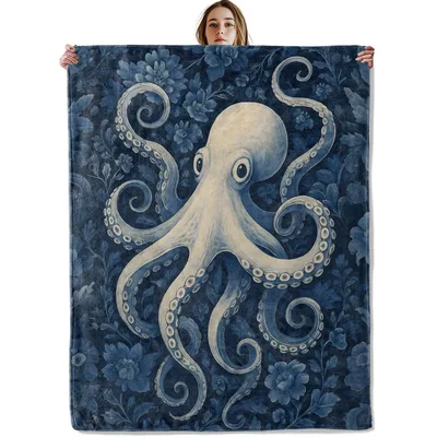 Blue Octopus Underwater Art Blanket featuring a pale octopus