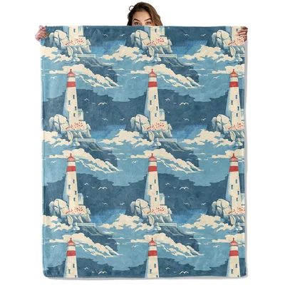 Lighthouse Pattern Blue Waves Blanket featuring white towers