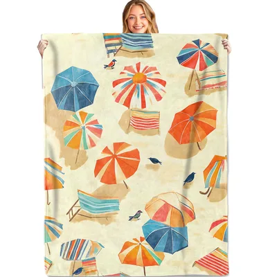 Beach Umbrella Pattern Coastal Blanket featuring retro striped chairs