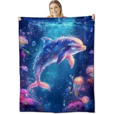Dolphin Jumping Ocean Galaxy Blanket: Cosmic Sea Creature Art