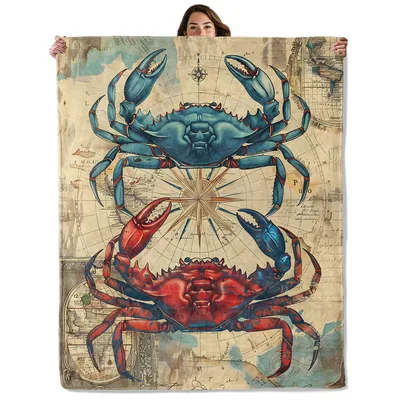 Vintage Crabs Nautical Illustration Blanket: Blue and Red Crab Art