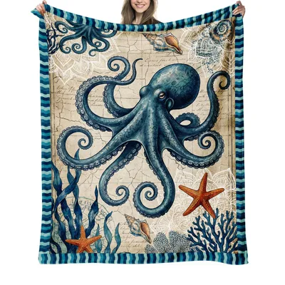 Octopus with Starfish Blanket: Vintage Ocean Illustration Throw