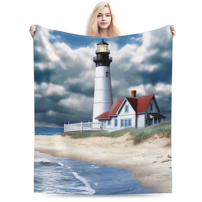 Lighthouse Beach Scene Blanket: Coastal Lighthouse and Keeper's House