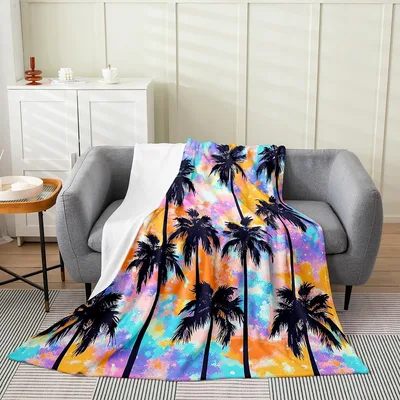 Tropical Palm Trees Tie-Dye Blanket: Vibrant Sunset Silhouettes