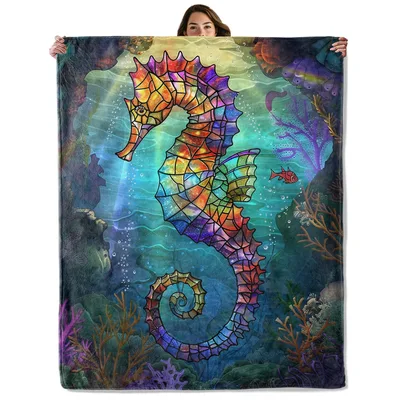 Colorful Seahorse Underwater Scene Blanket: Stained Glass Marine Art