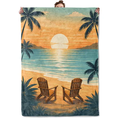 Tropical Sunset Beach Chairs Blanket featuring retro Adirondack chairs
