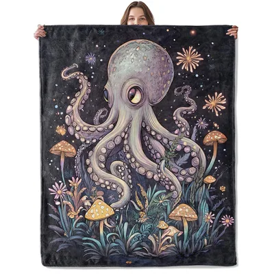 Octopus with Mushrooms Night Blanket: A Mystical Marine Illustration