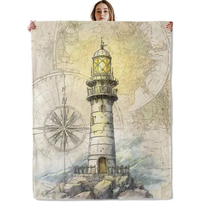 Vintage Lighthouse Compass Map Blanket: Nautical Art for Coastal Homes