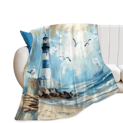 Lighthouse on Rocky Shore Blanket: Coastal Art with Seagulls and Ship