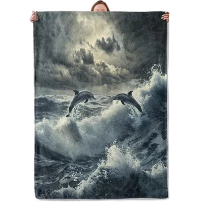Dolphins in Stormy Waves Blanket: Ocean Art for Sea Lovers