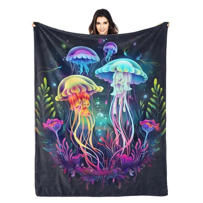 Glowing Jellyfish and Mushrooms Blanket: Neon Sea Life Design