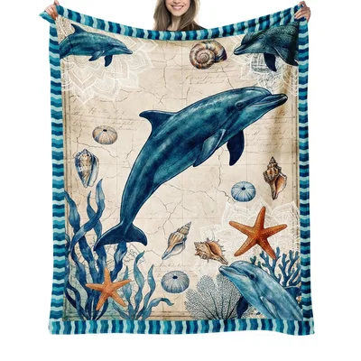 Dolphins with Seashells Border Blanket: Ocean Art for Cozy Nooks