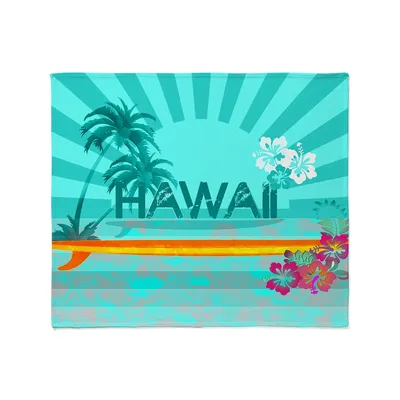 Hawaii Palm Sunset Ocean Blanket: Tropical Vibes and Hibiscus Flowers