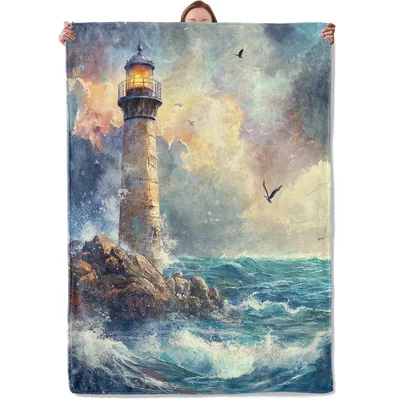 Lighthouse on Stormy Ocean Coast Blanket: Coastal Art for Your Sofa