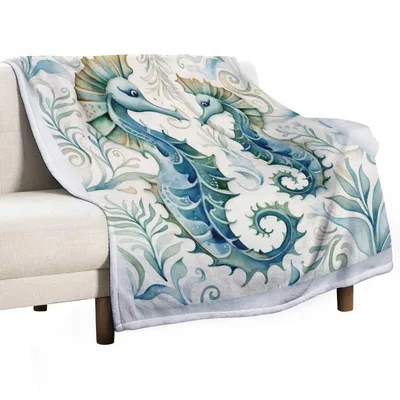 Seahorse Watercolor Arabesque Design Blanket for Ocean Lovers