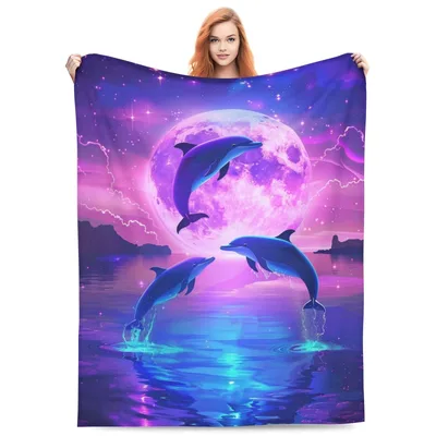 Dolphins Jumping Under Purple Blanket: A Moonlit Ocean Scene
