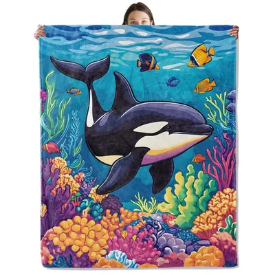 Killer Whale Underwater Coral Blanket: Vibrant Orca and Reef Design