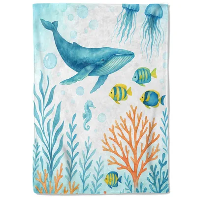 Watercolor Whale and Coral Blanket: Underwater Life Design