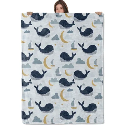Whales Moons and Clouds Blanket: Nautical Whales and Sailboats