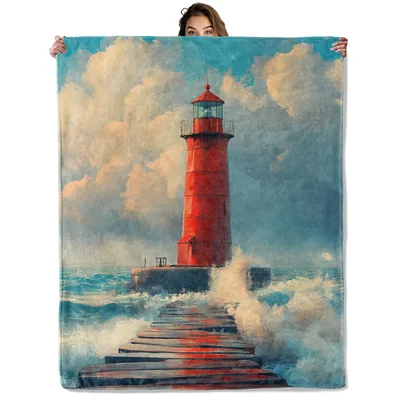 Red Lighthouse on Pier Blanket: Coastal Art for Your Sofa