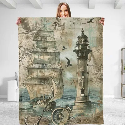 Vintage Sailing Ship Blanket: Nautical Map and Lighthouse Design