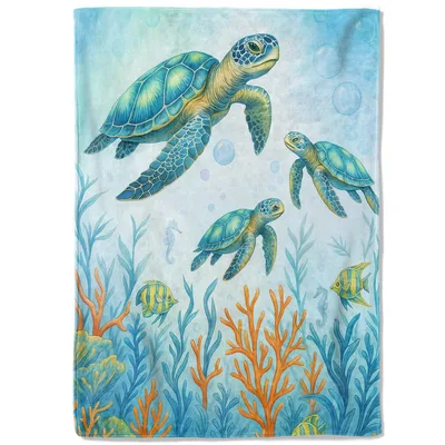 Sea Turtles and Coral Blanket: Watercolor Reef Art for Ocean Lovers