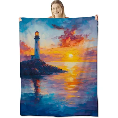 Lighthouse Sunset Coastal Painting Blanket: Ocean Art for Your Sofa