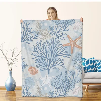 Coral Starfish Marine Life Blanket featuring branching coral