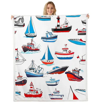 Sailboats and Ships Pattern Blanket featuring colorful tugboats