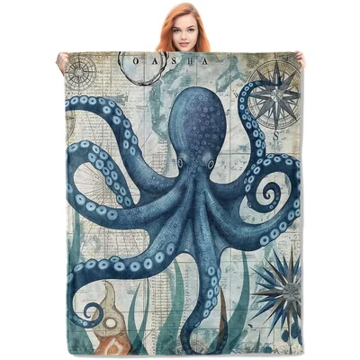 Vintage Octopus Ocean Design Blanket featuring a large blue octopus
