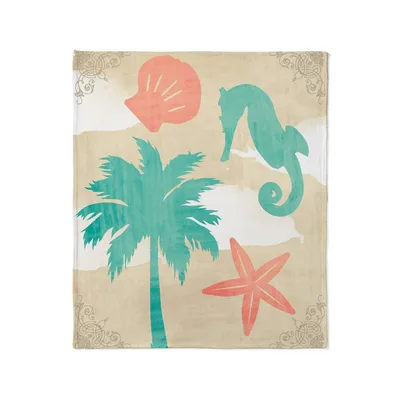 Palm Seahorse Starfish Beach Blanket featuring a teal palm tree