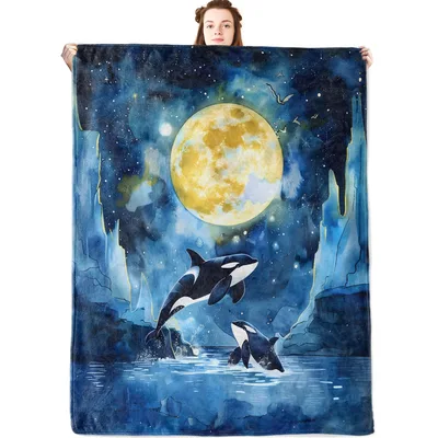 Full Moon Orca Whale Blanket: Nighttime Ocean Art with Icebergs