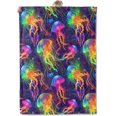 Colorful Jellyfish Pattern Blanket: Neon Marine Life Design