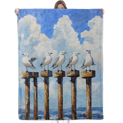 Seagulls on Wooden Posts Blanket: Coastal Art with Perched Birds