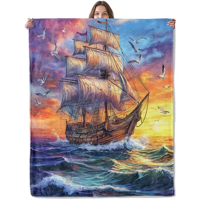 Tall Ship at Sunset Blanket: Majestic Sailing Vessel on Ocean Waves
