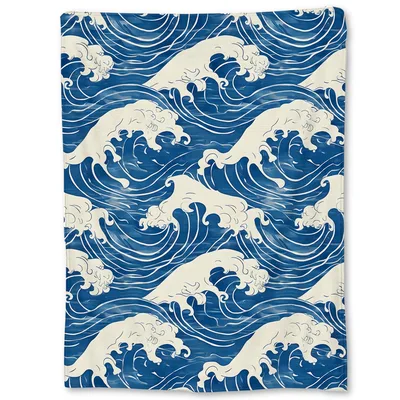 Japanese Blue Wave Pattern Blanket: Classic Ocean Art Design