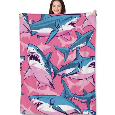 Pink Shark Pattern Blanket: Bold Blue Sharks on Pink