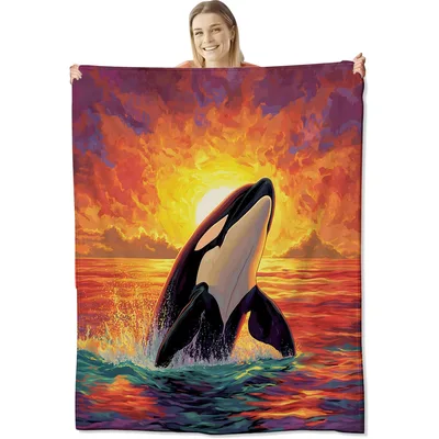 Orca Jumping at Sunset Blanket: Vibrant Marine Art for Cozy Nights
