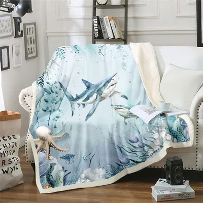Sharks Starfish Ocean Pattern Blanket Underwater Creature Design