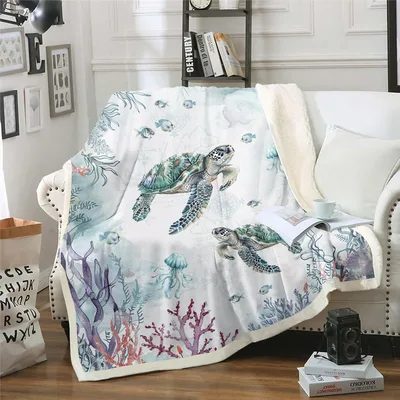 Sea Turtles Among Coral Blanket: Watercolor Marine Life Throw