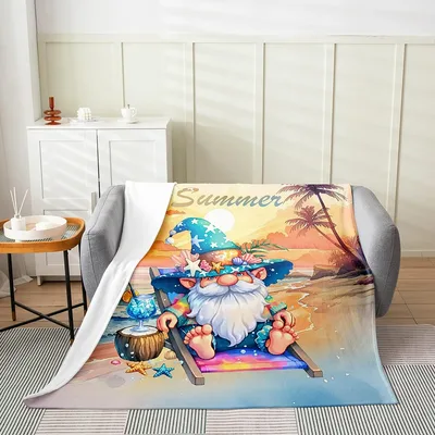 Summer Gnome Beach Scene Blanket features a relaxing garden