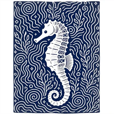 Seahorse on Navy Swirl Blanket: Nautical Art for Ocean Lovers