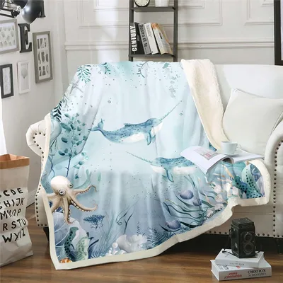 Narwhal Ocean Coral Scene Blanket featuring spotted whales