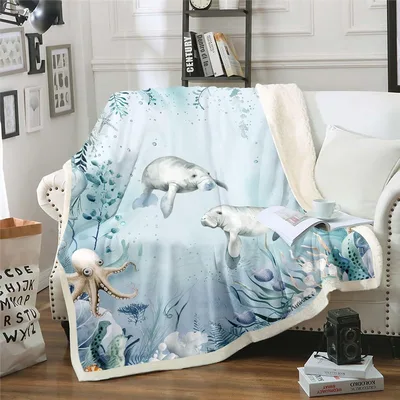Ocean Sea Creatures Pattern Blanket Featuring Manatees and Octopus